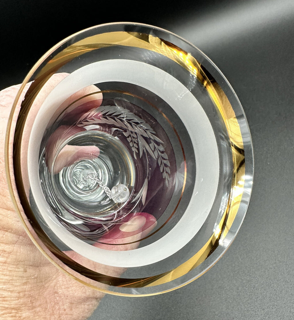 Bell Clear Glass Hand Mauve Middle Leaf Cherries Gold Trim 6.5" x 3" Vintage