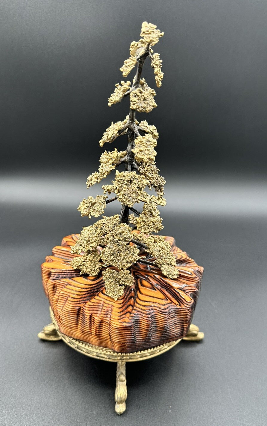 Bonsai Fur Tree Wood Base  10.75”Tall Handmade Hand Painted Bronze Vtg
