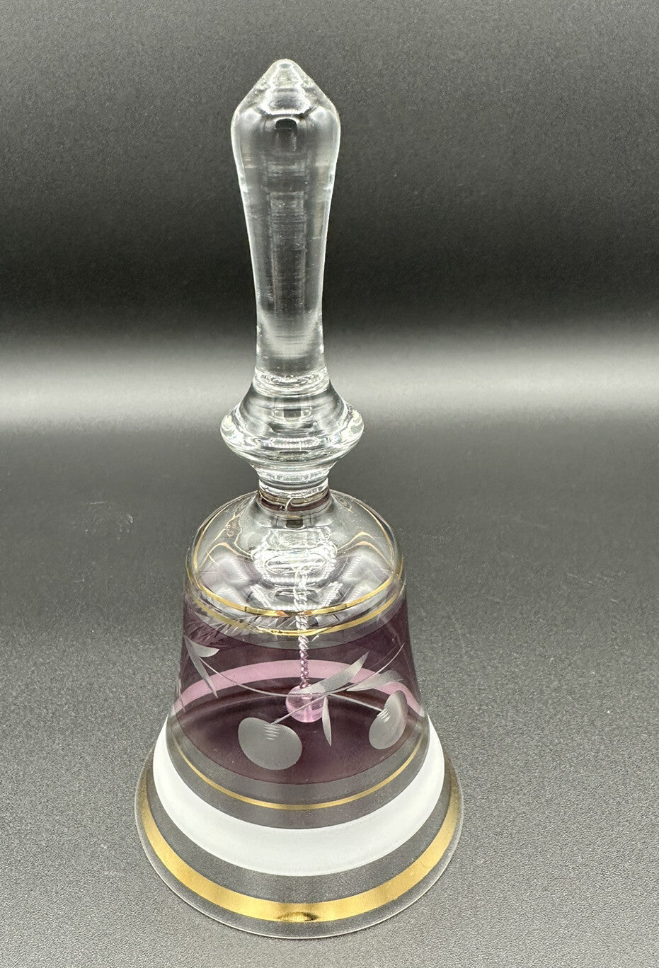 Bell Clear Glass Hand Mauve Middle Leaf Cherries Gold Trim 6.5" x 3" Vintage