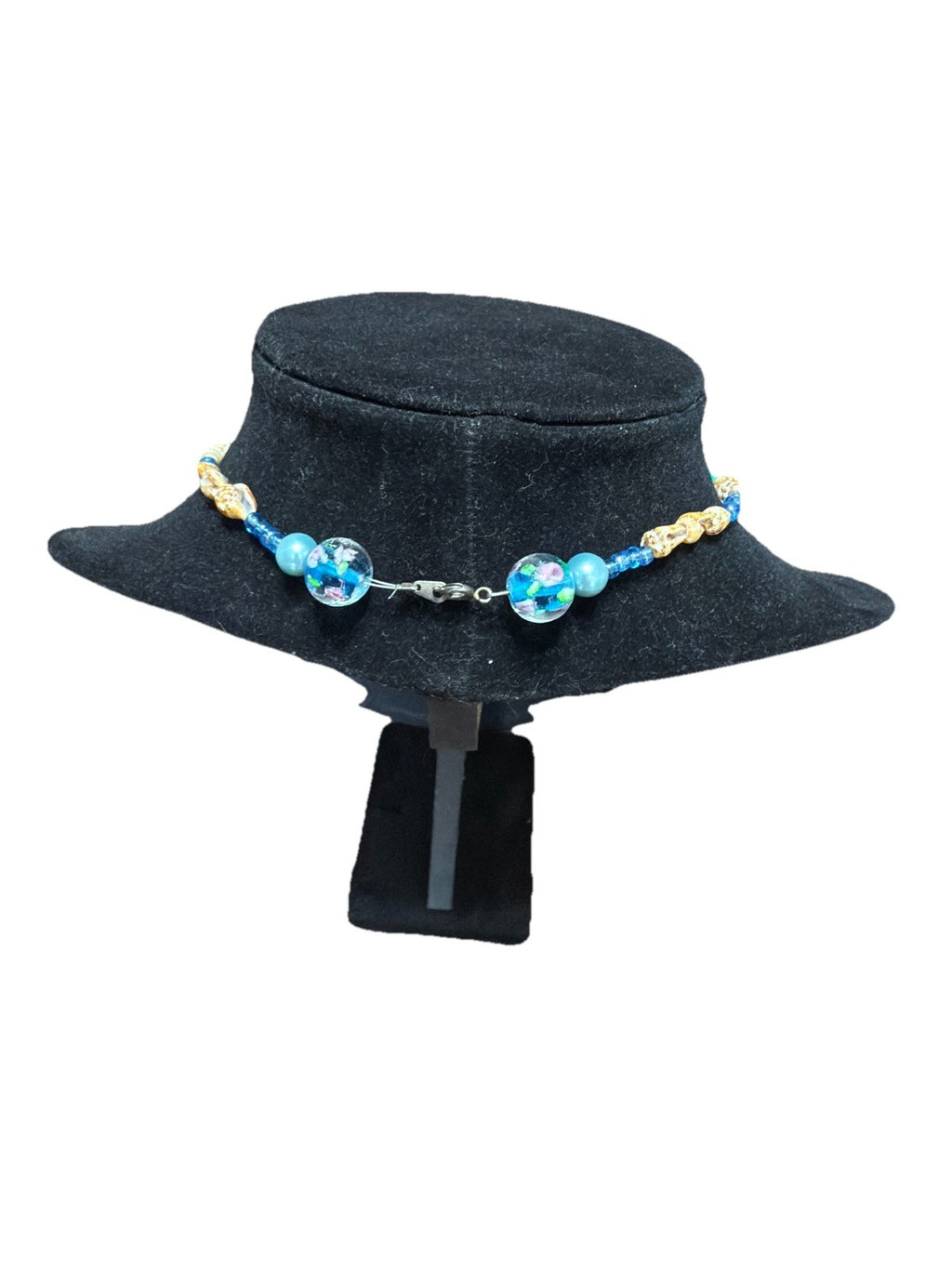 Blue Green Art Glass Pendant Beaded Floral Necklace