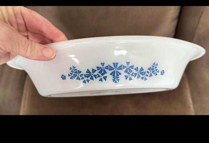 Casserole Split Dish White Blue Pinwheel J-239 Glasbake Oval Divided Vintage