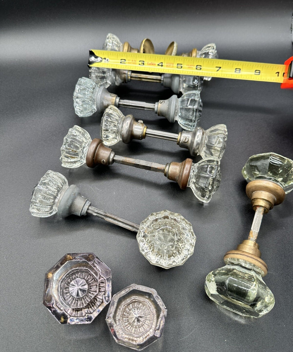 Antique Door Knobs Brass Collar & Spindles Hardware 7 Sets Glass 12 pt