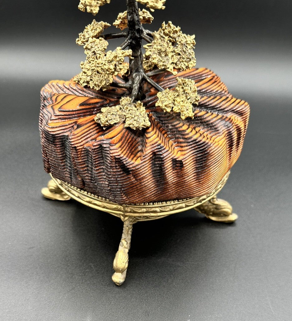 Bonsai Fur Tree Wood Base  10.75”Tall Handmade Hand Painted Bronze Vtg