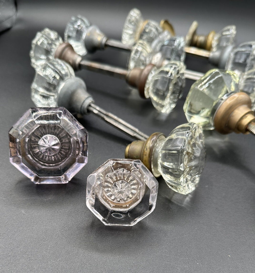 Antique Door Knobs Brass Collar & Spindles Hardware 7 Sets Glass 12 pt