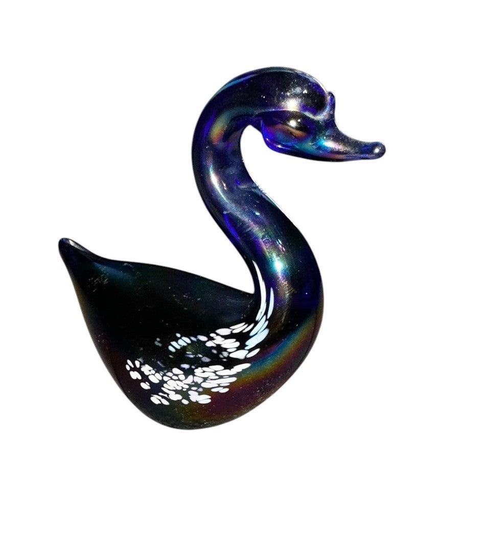 Art Glass Swan Cobalt Blue with White Iridescence Vintage