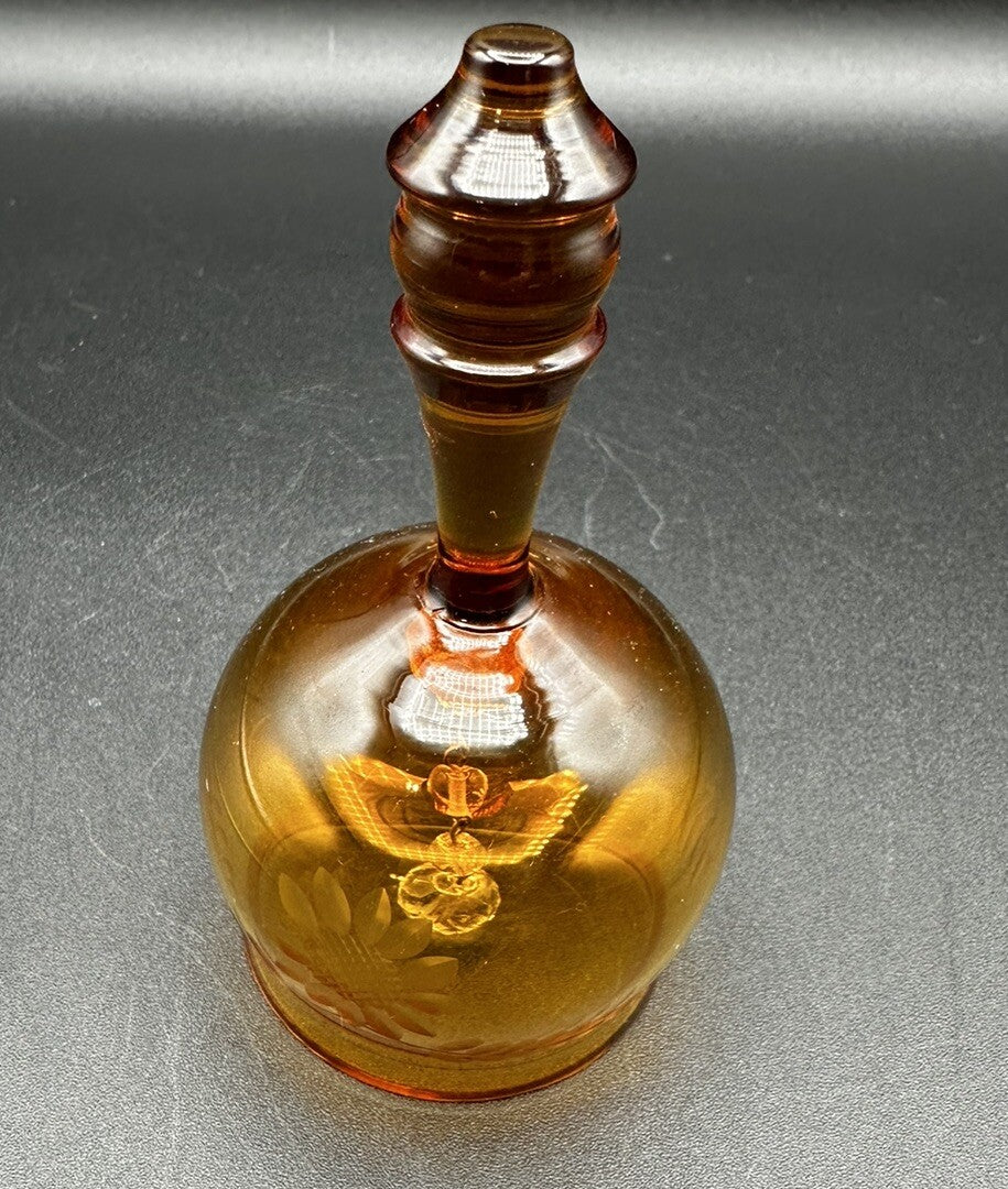 Bell Sunflower & Leaf Etched Design Krosno Amber Glass Vintage
