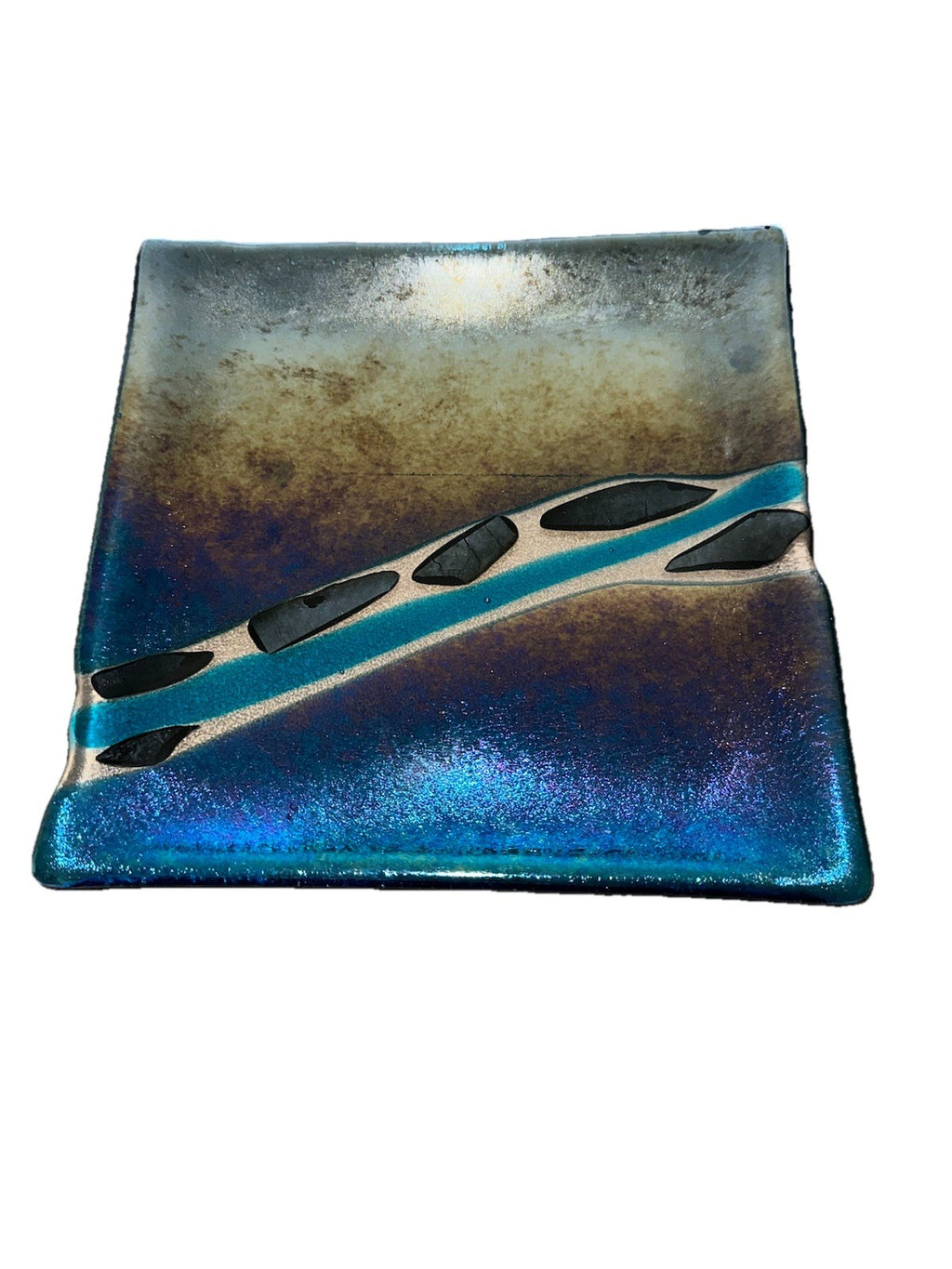 Art Glass Square 7.75” Dish Melinda Signed 08 Iridescent Dichroic Fused Studio