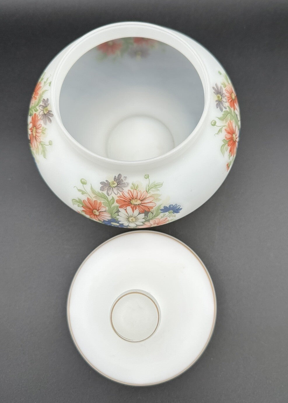 Candy Jar With Lid Flowers on frosty white Blown Heavy Glass Italy Vintage