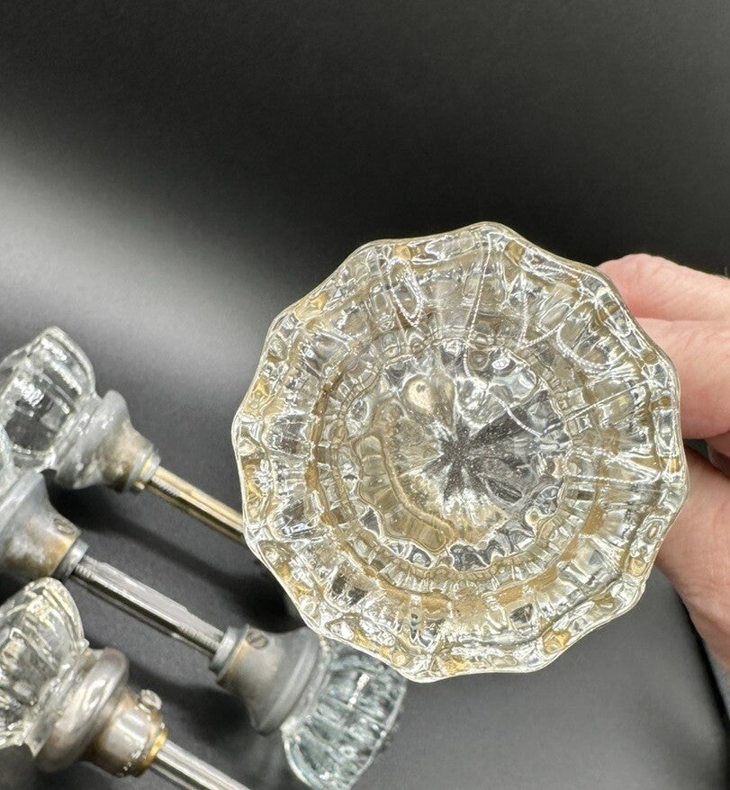 Antique Door Knobs Brass Collar & Spindles Hardware 7 Sets Glass 12 pt