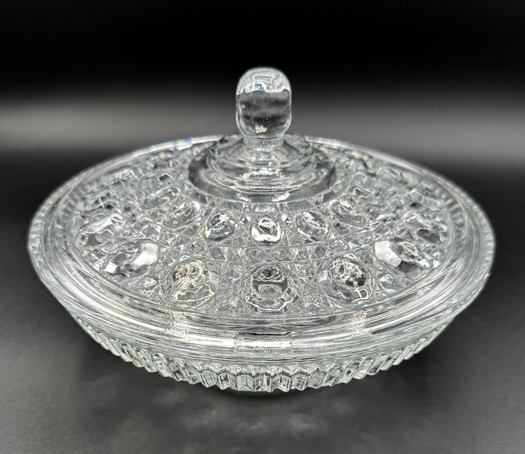 Candy Dish Bowl Lid Indiana Glass Windsor Button & Cane Clear Large Vintage