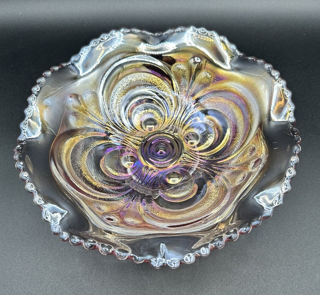 Bowl Iridescence Sawtooth Pearl Imperial Art Glass Scroll Pink Ruffled Vintage