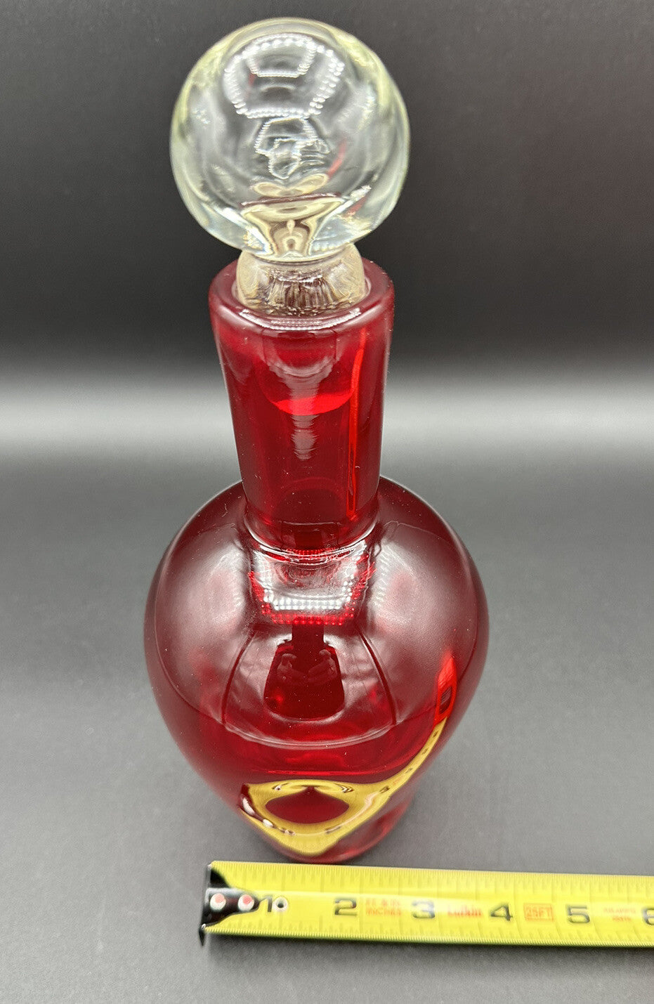Decanter w/ Clear Round Stopper 10”BISCHOFF Glass Red Pinched Vintage