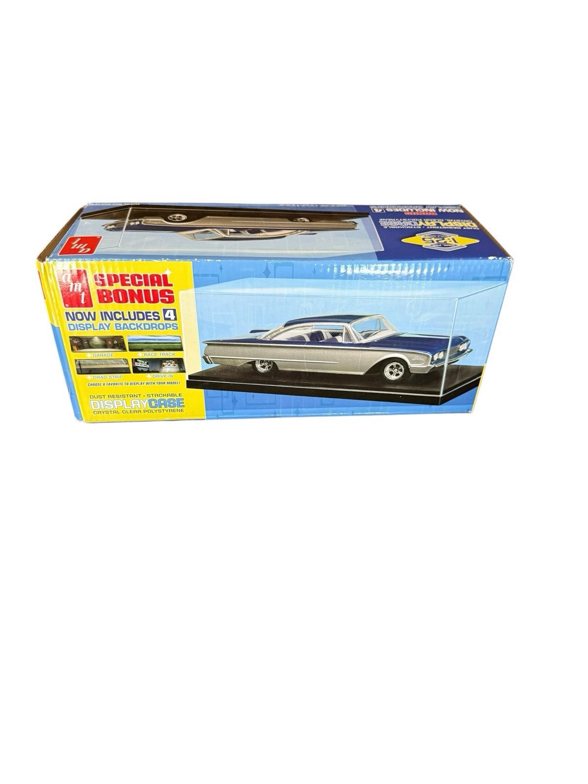 Display Case Clear Plastic Black Base 1:24 1:25 Car Model W 4 Backdrops AMT