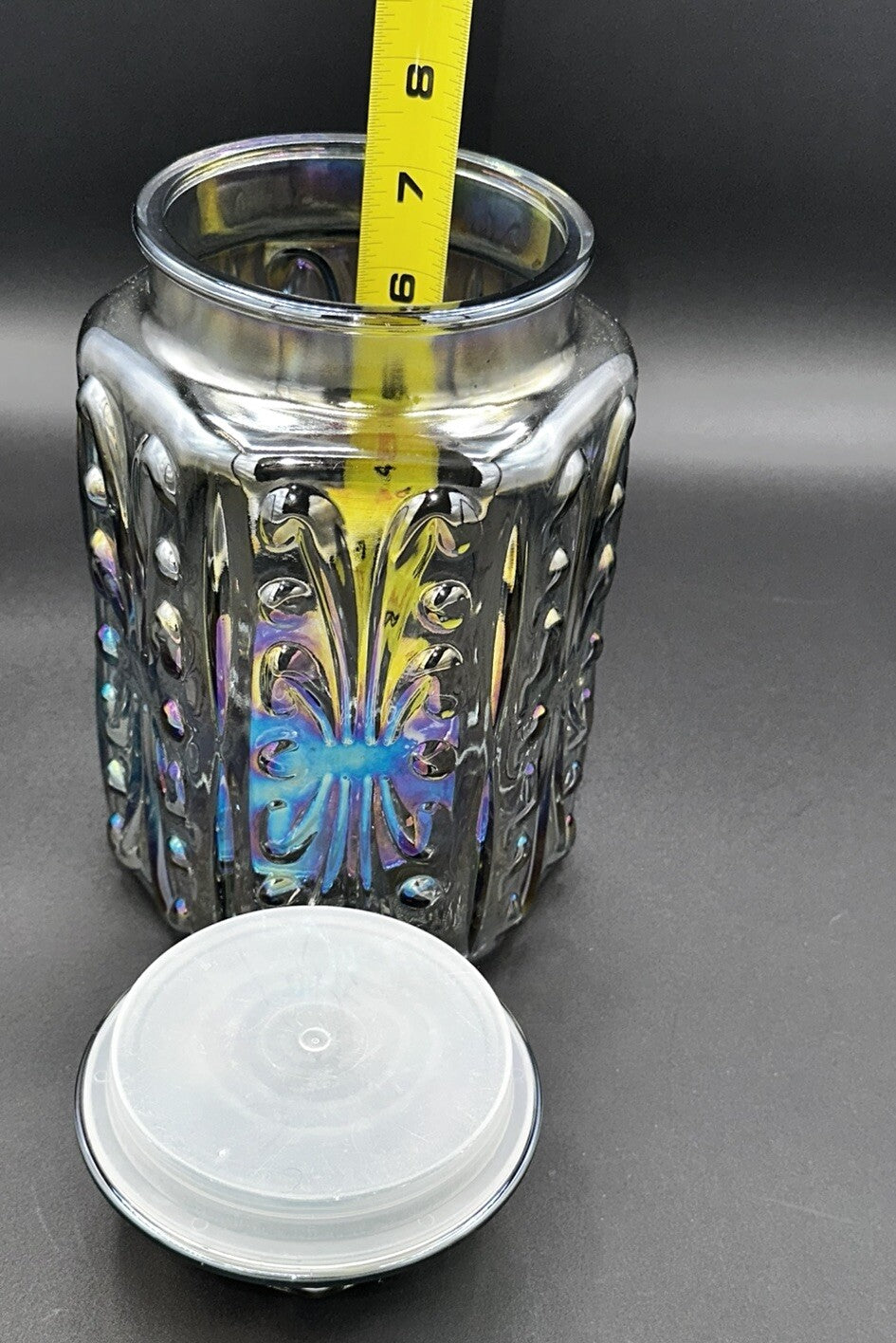 Cookie Jar Canister Carnival Glass Purple Iridescent Embossed Rainbow Vintage