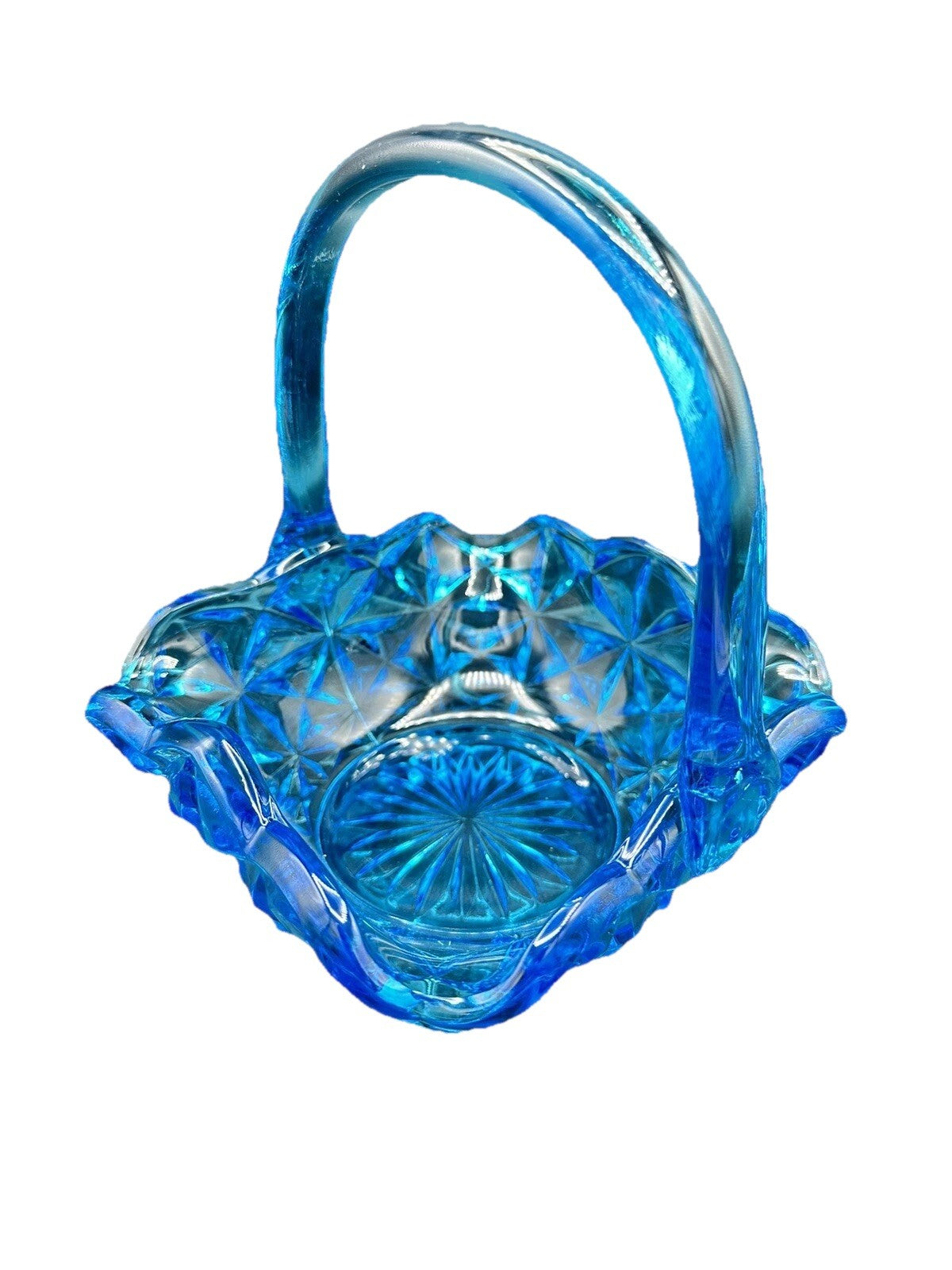 Basket Blue With Handle 7" Indiana Glass Monticello Vintage