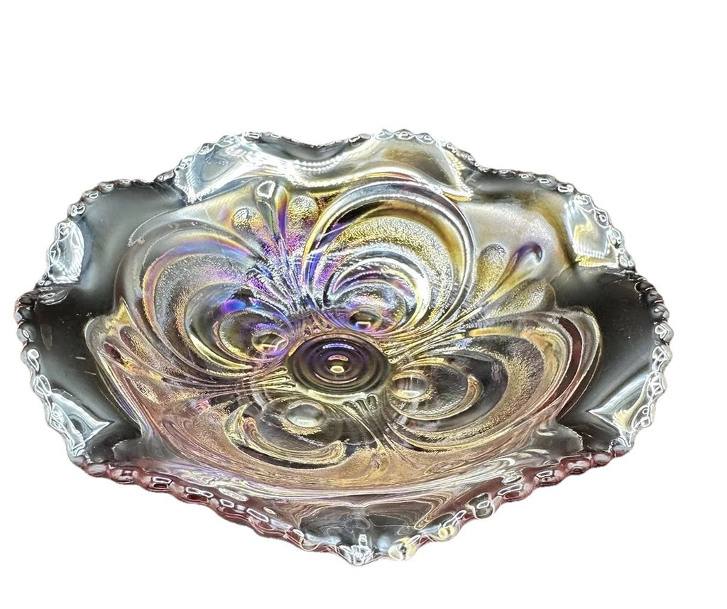 Bowl Iridescence Sawtooth Pearl Imperial Art Glass Scroll Pink Ruffled Vintage