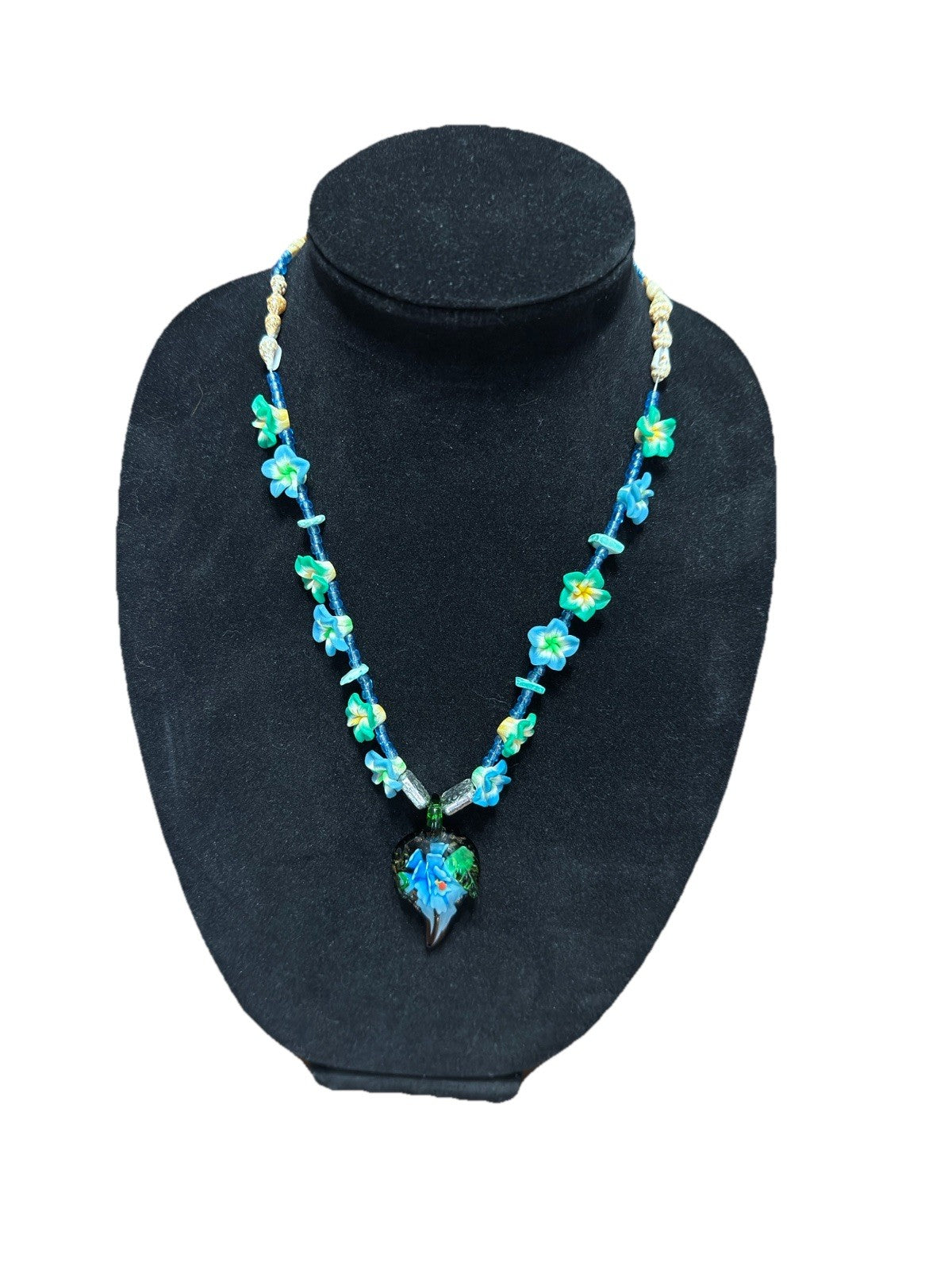 Blue Green Art Glass Pendant Beaded Floral Necklace