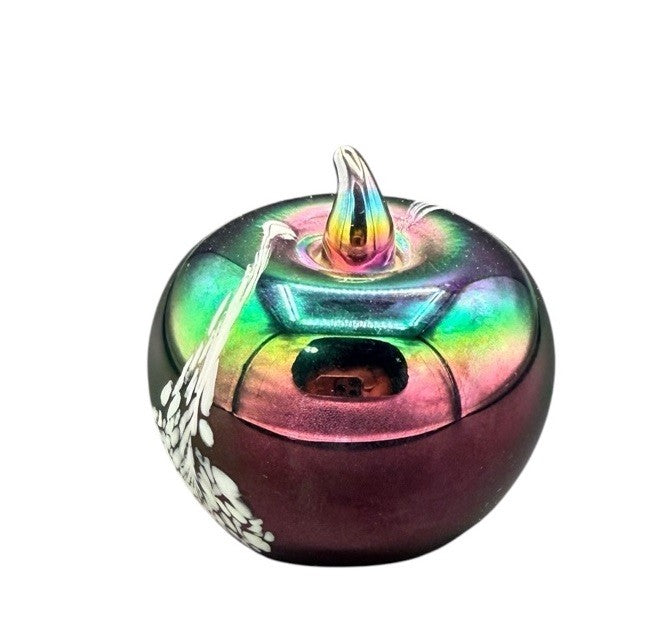 Art Glass Paperweight Apple Figure Design Purple Blue Swirl Iridescent