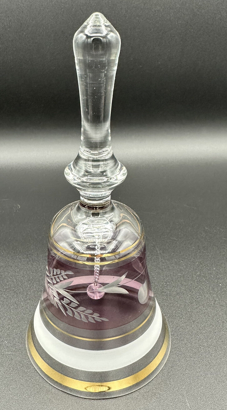 Bell Clear Glass Hand Mauve Middle Leaf Cherries Gold Trim 6.5" x 3" Vintage