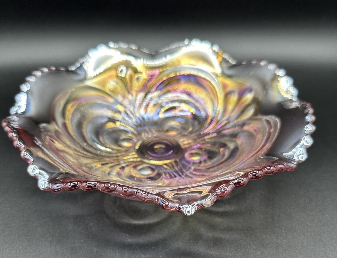 Bowl Iridescence Sawtooth Pearl Imperial Art Glass Scroll Pink Ruffled Vintage
