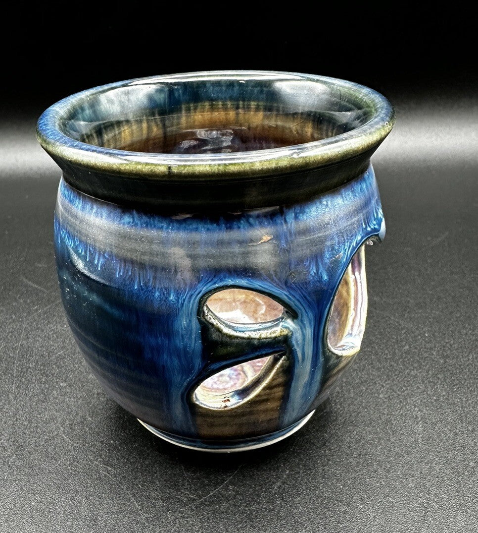 Art Pottery Votive Signed Olsen Blue Purple Maroon Heart Cut Out