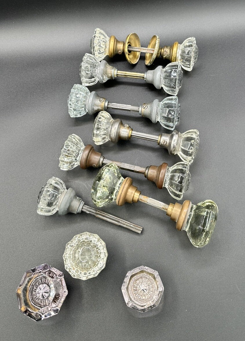 Antique Door Knobs Brass Collar & Spindles Hardware 7 Sets Glass 12 pt