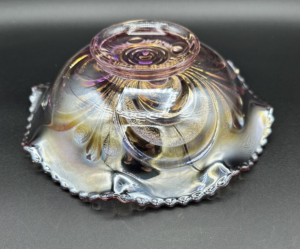 Bowl Iridescence Sawtooth Pearl Imperial Art Glass Scroll Pink Ruffled Vintage