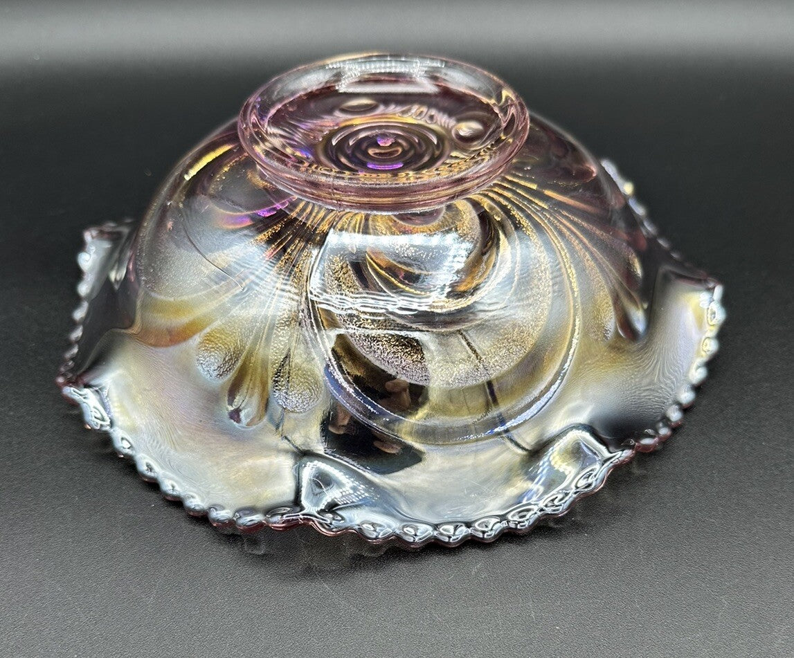 Bowl Iridescence Sawtooth Pearl Imperial Art Glass Scroll Pink Ruffled Vintage