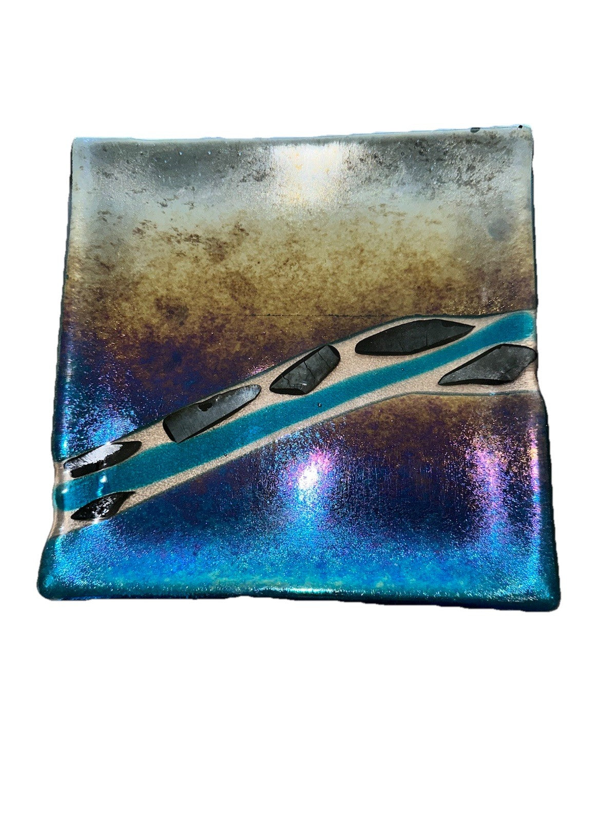 Art Glass Square 7.75” Dish Melinda Signed 08 Iridescent Dichroic Fused Studio