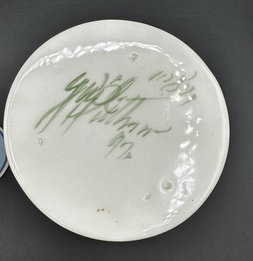 Candle Holders Signed Gail Pittman 7" Blue White Floral Narrow Neck