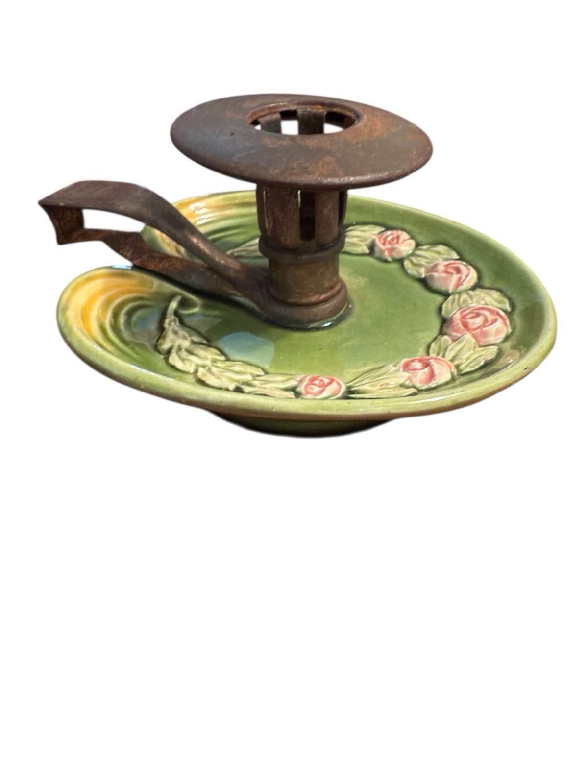 Candle Holder Green Base Decorated With Pink Roses And Metal Top And Handle Vtg