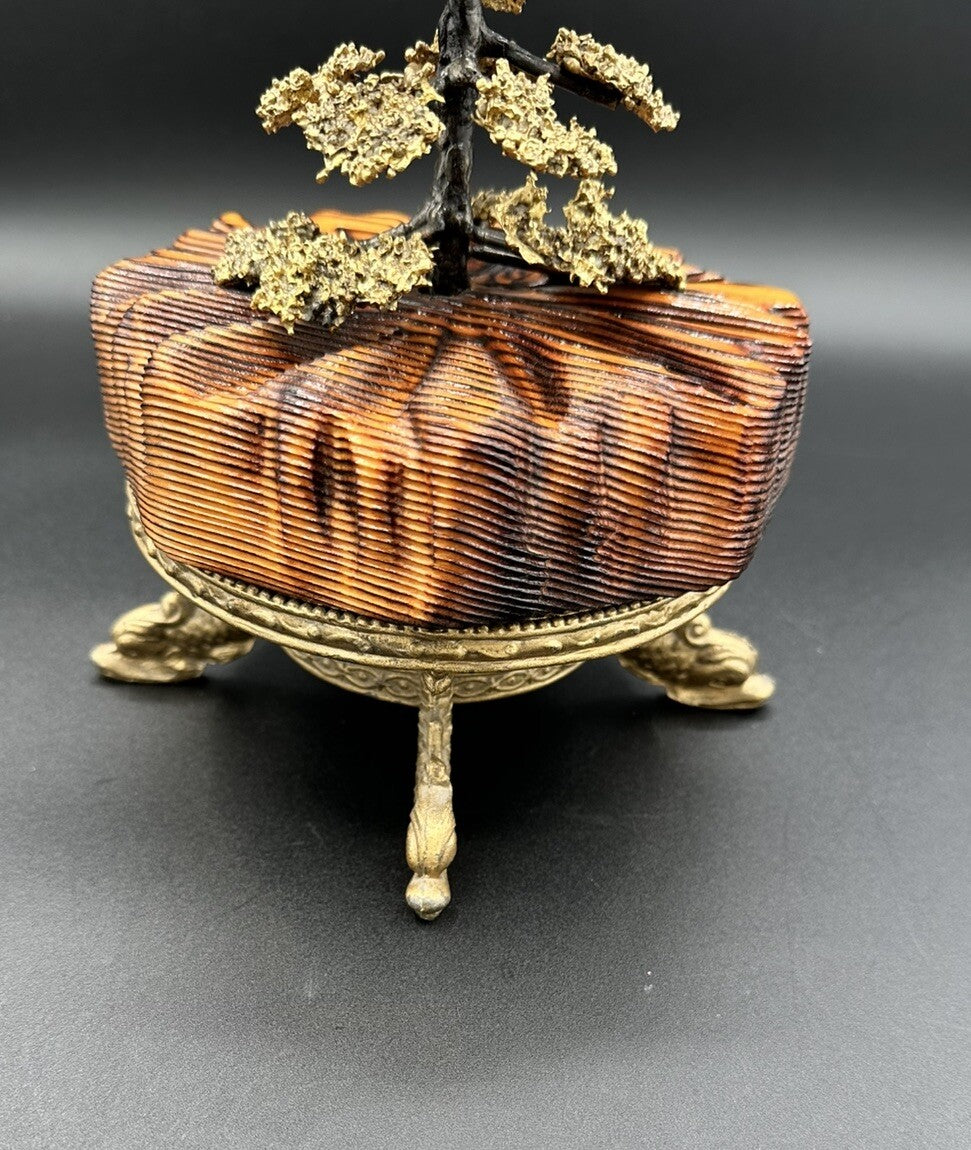 Bonsai Fur Tree Wood Base  10.75”Tall Handmade Hand Painted Bronze Vtg