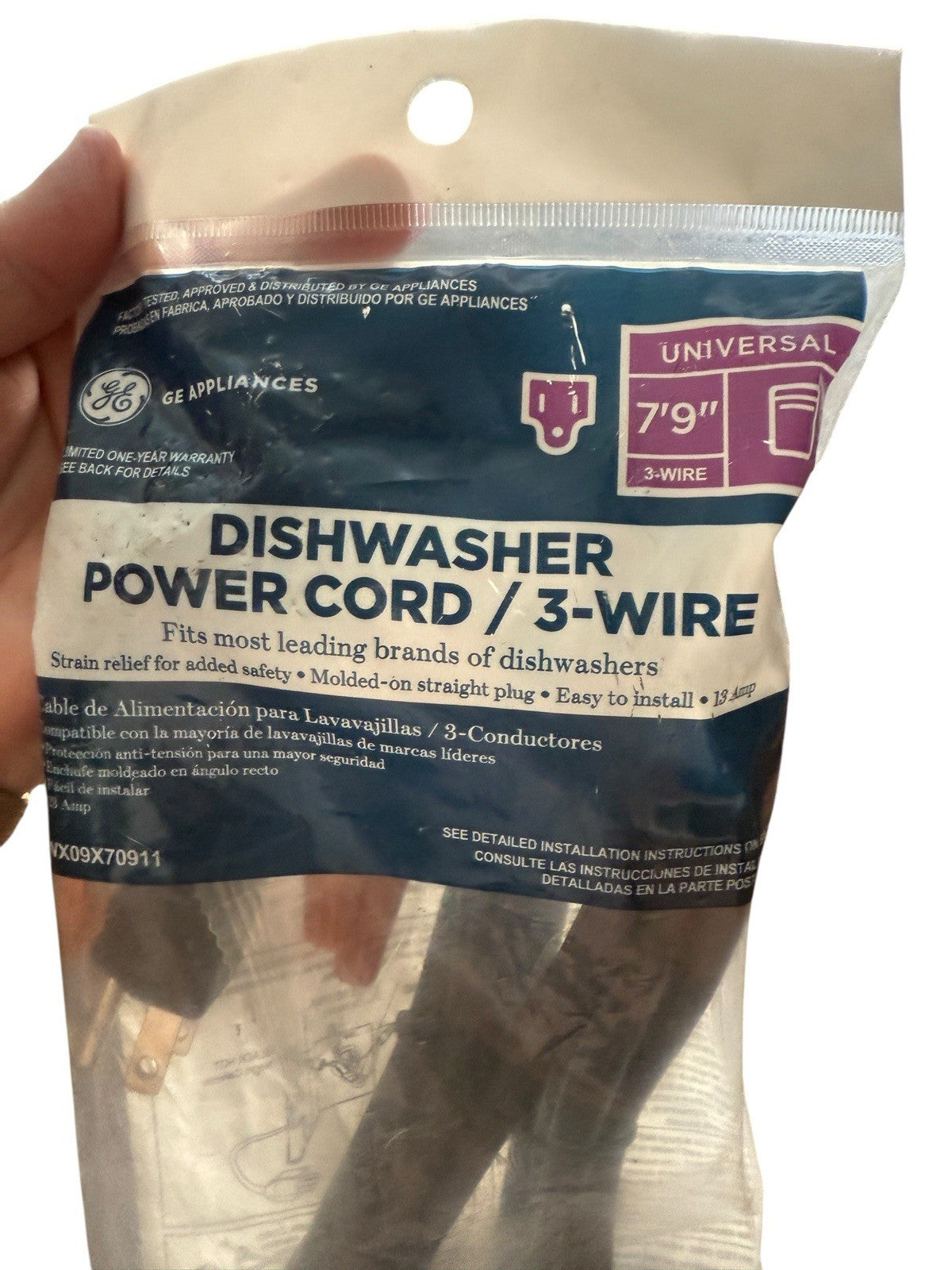 Dishwasher Power Cord 7 Ft x 9" WX09X70911 GE Universal New