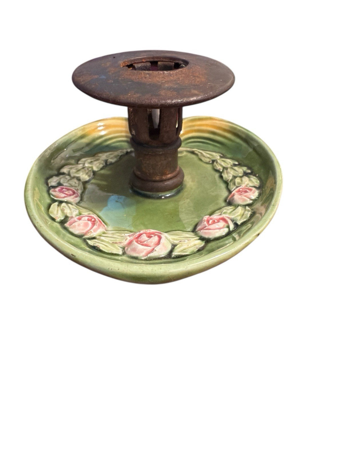 Candle Holder Green Base Decorated With Pink Roses And Metal Top And Handle Vtg
