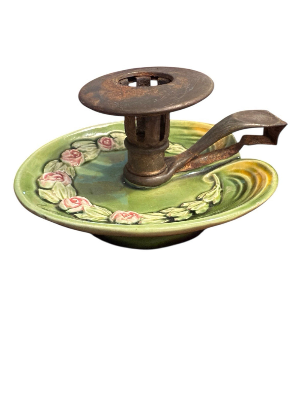 Candle Holder Green Base Decorated With Pink Roses And Metal Top And Handle Vtg