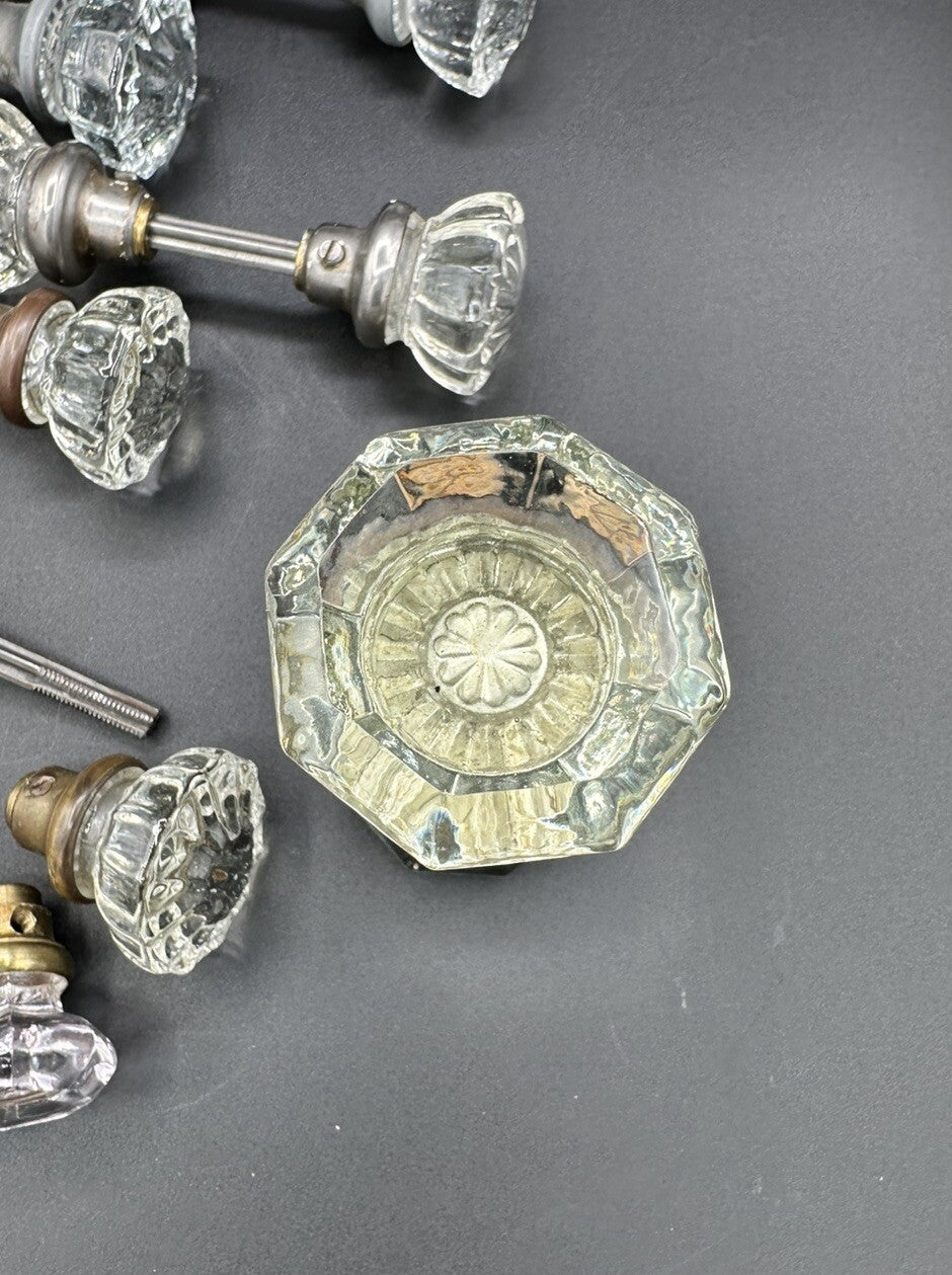 Antique Door Knobs Brass Collar & Spindles Hardware 7 Sets Glass 12 pt