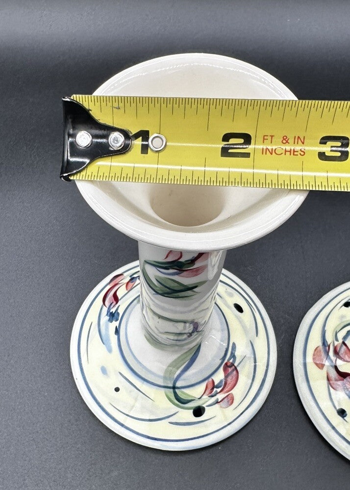 Candle Holders Signed Gail Pittman 7" Blue White Floral Narrow Neck