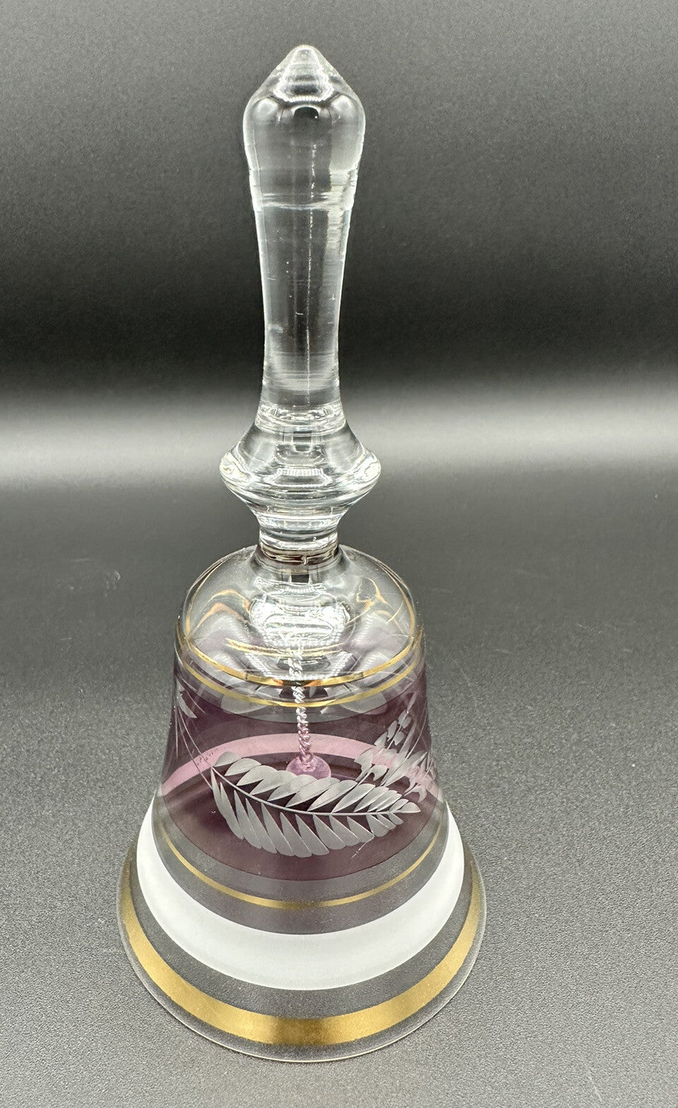 Bell Clear Glass Hand Mauve Middle Leaf Cherries Gold Trim 6.5" x 3" Vintage