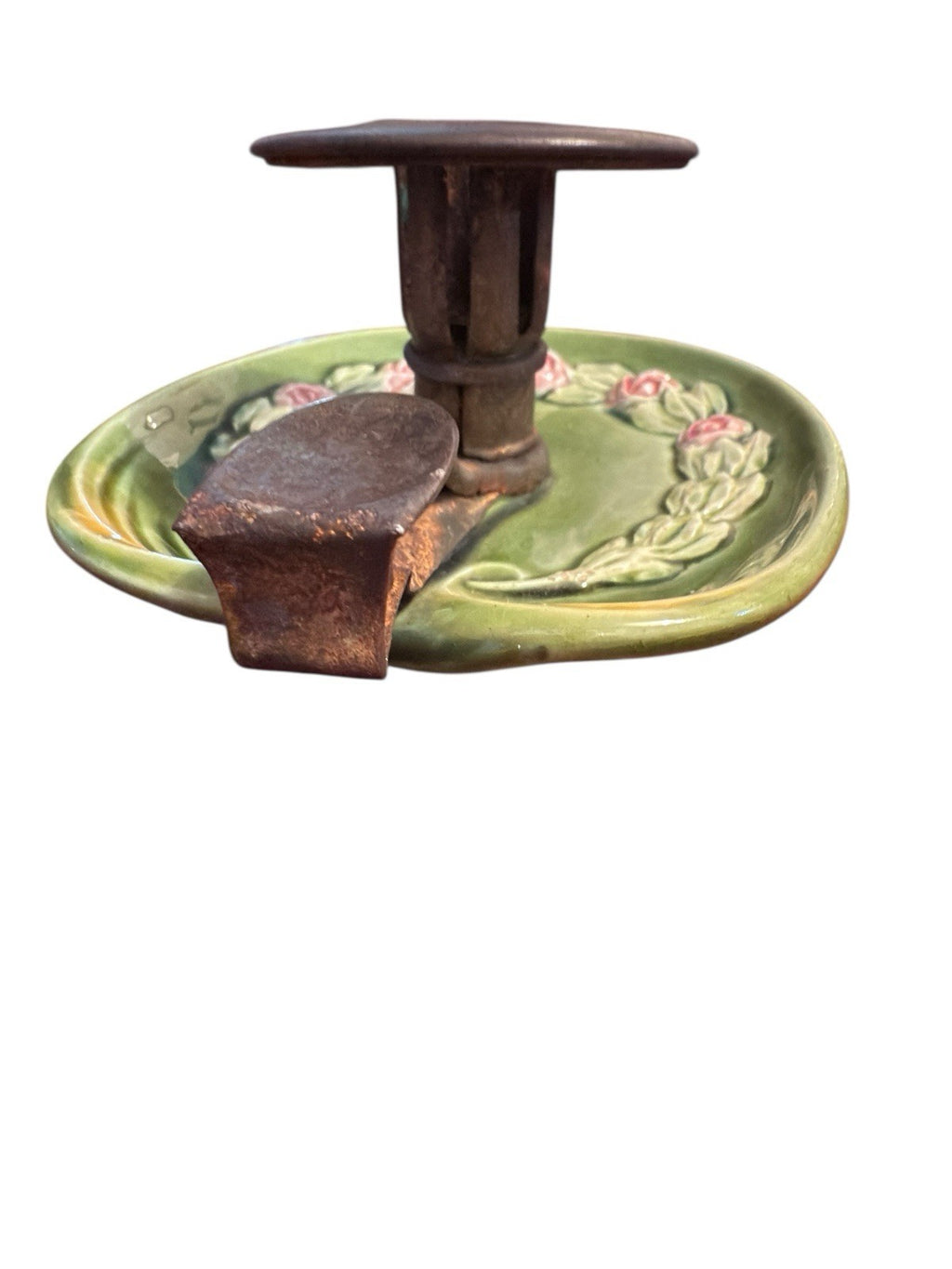 Candle Holder Green Base Decorated With Pink Roses And Metal Top And Handle Vtg