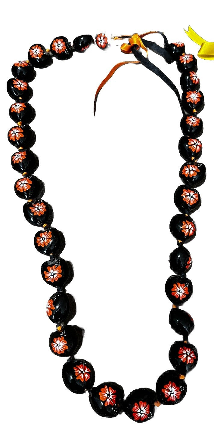 Kukui Nut Necklaces Hand Painted Hibiscus, Orange And Yellow Gold (2) Hawaiian