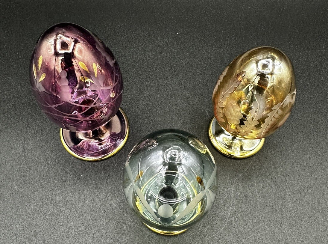 Eggs (3) Green, Gold, Purple Egypt Handcrafted Royal Limited Crystal Etched