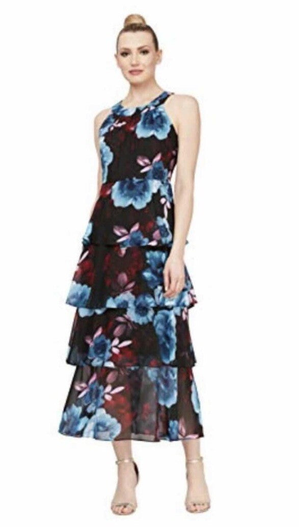 Dress S.L. Fashions Sleeveless Floral Print Flowing Ruffle Tiered Party Maxi NWT