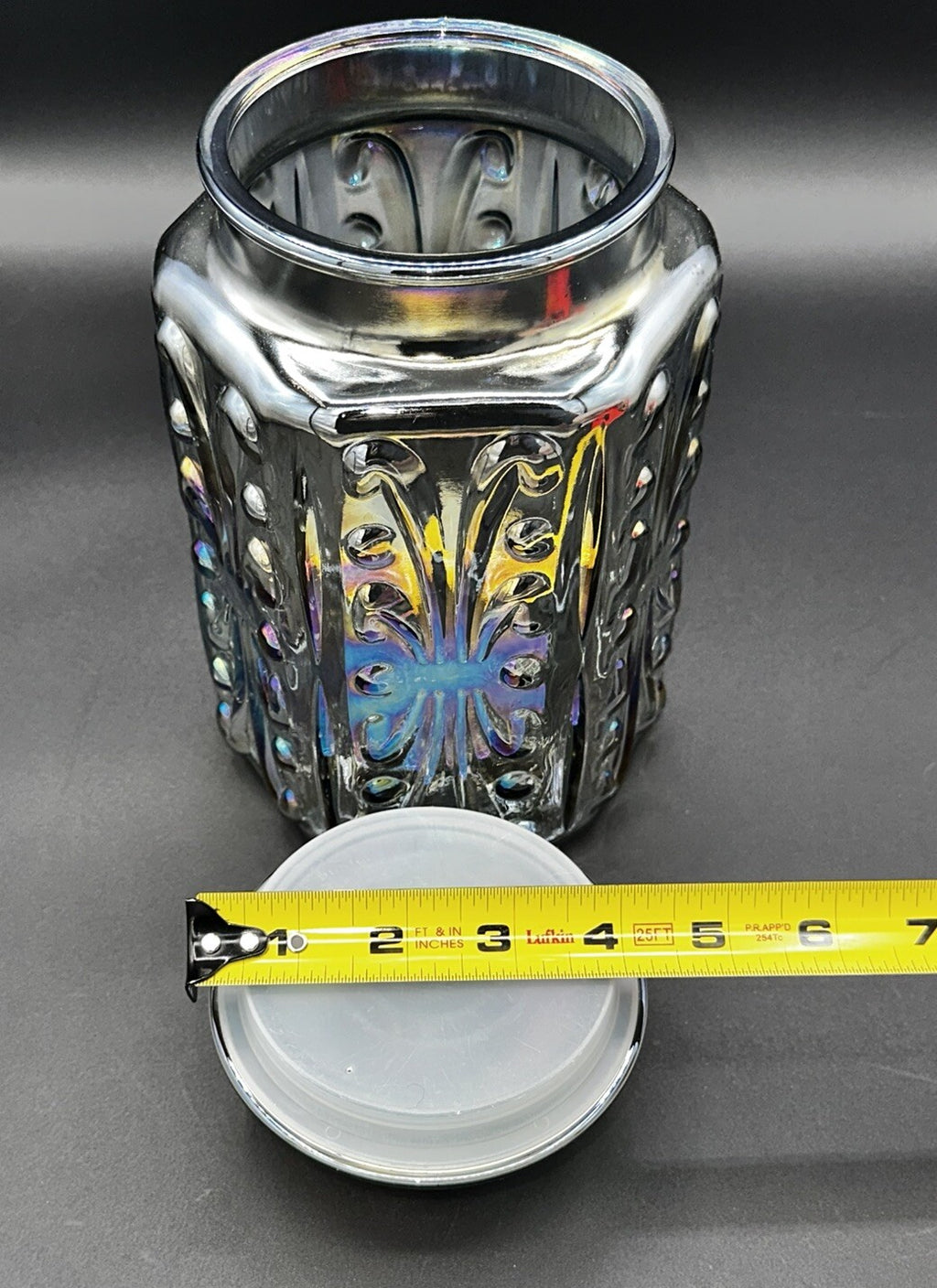 Cookie Jar Canister Carnival Glass Purple Iridescent Embossed Rainbow Vintage