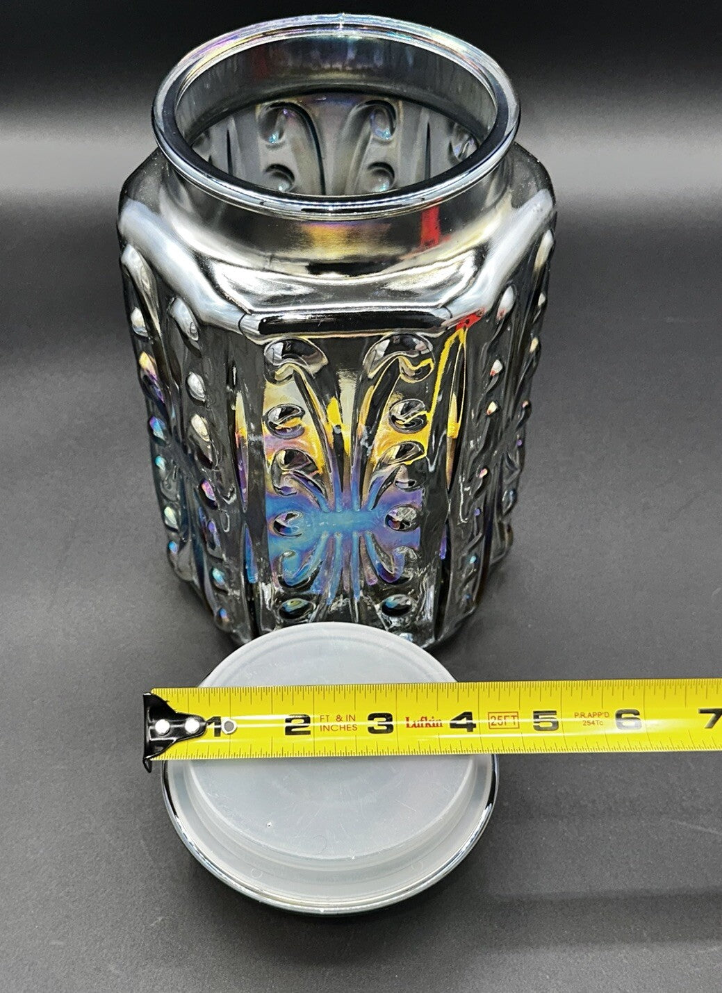 Cookie Jar Canister Carnival Glass Purple Iridescent Embossed Rainbow Vintage