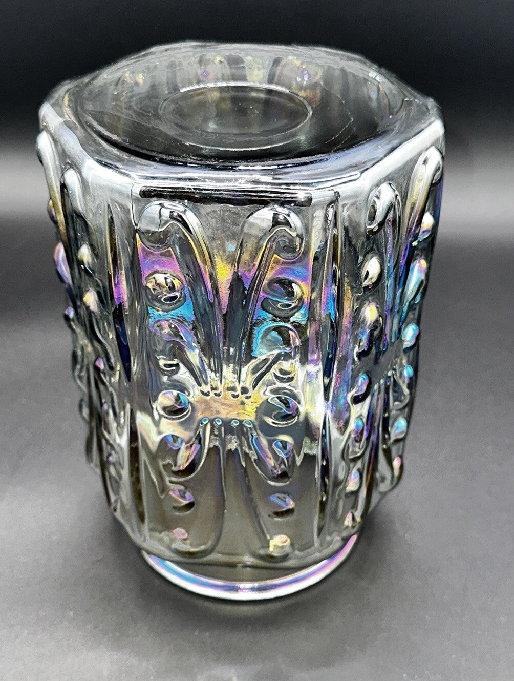 Cookie Jar Canister Carnival Glass Purple Iridescent Embossed Rainbow Vintage