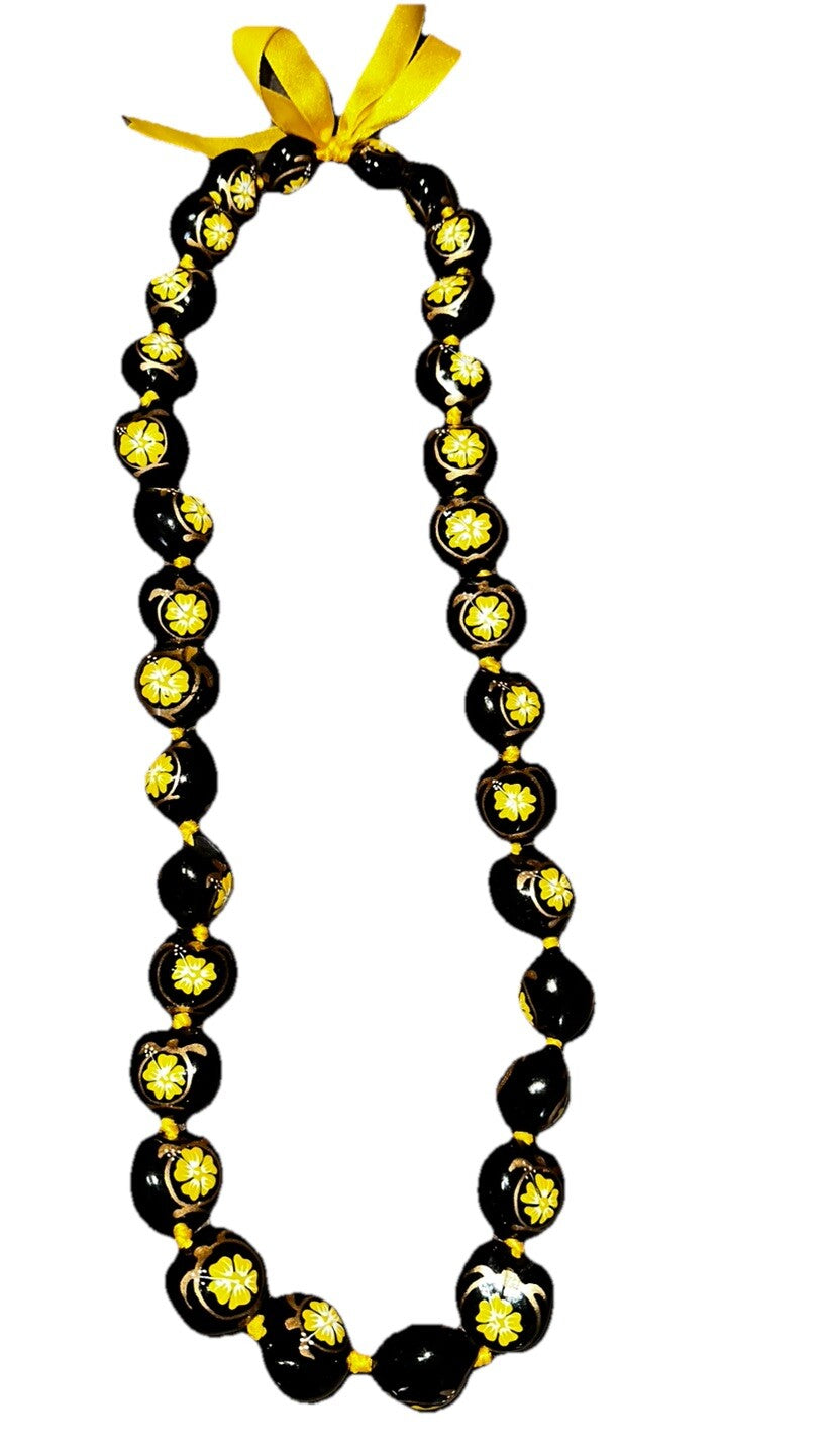 Kukui Nut Necklaces Hand Painted Hibiscus, Orange And Yellow Gold (2) Hawaiian