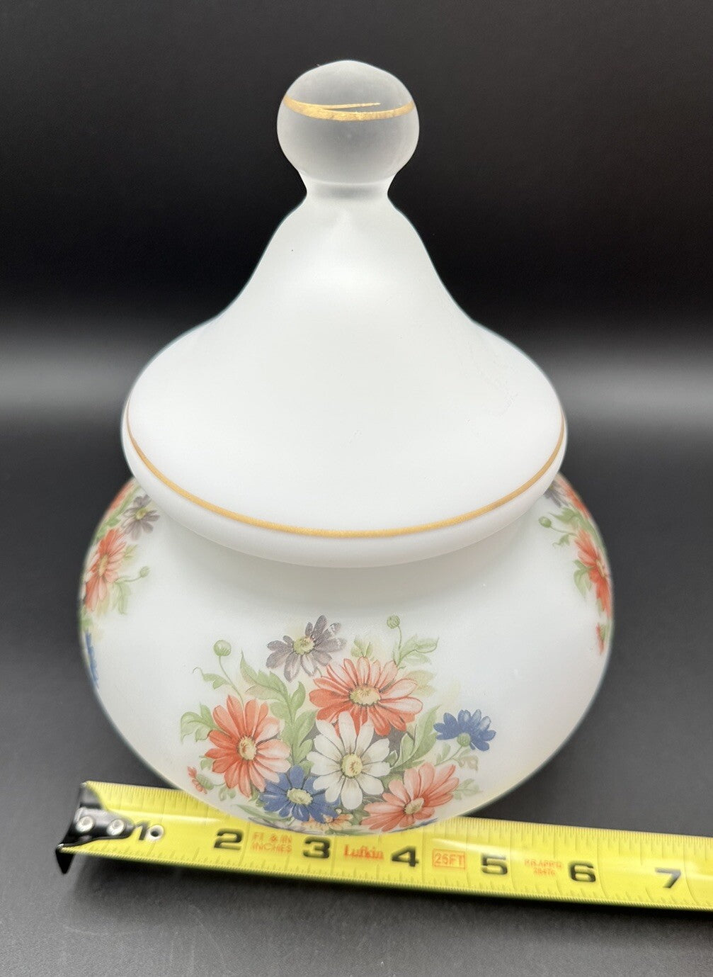 Candy Jar With Lid Flowers on frosty white Blown Heavy Glass Italy Vintage