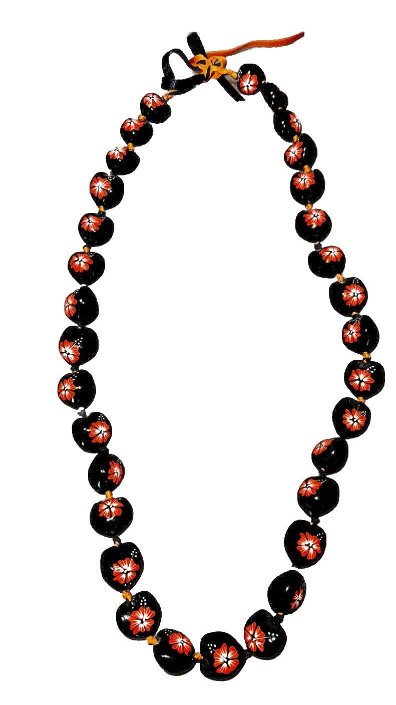 Kukui Nut Necklaces Hand Painted Hibiscus, Orange And Yellow Gold (2) Hawaiian