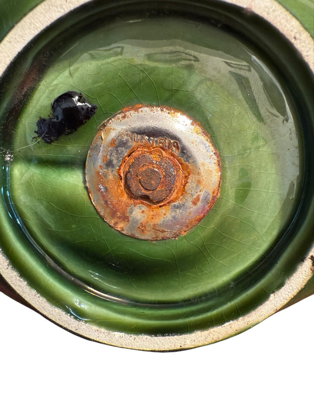 Candle Holder Green Base Decorated With Pink Roses And Metal Top And Handle Vtg