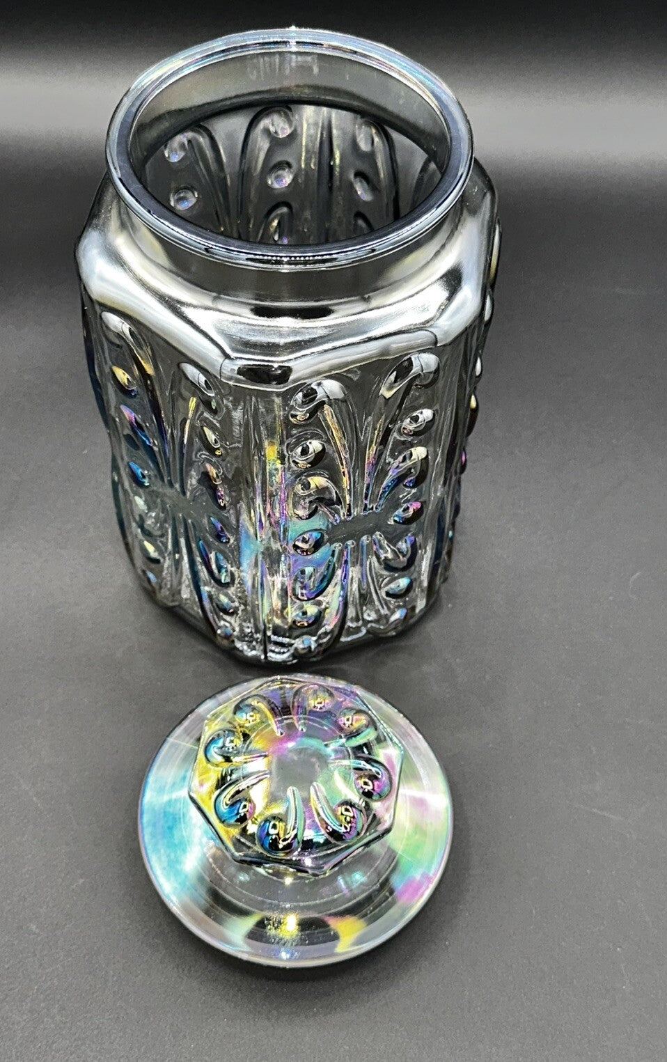 Cookie Jar Canister Carnival Glass Purple Iridescent Embossed Rainbow Vintage